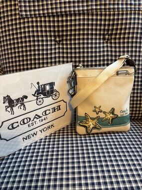 Coach limited edition, vintage Canvas Starfish Crossbody Bag in Cream & Teal